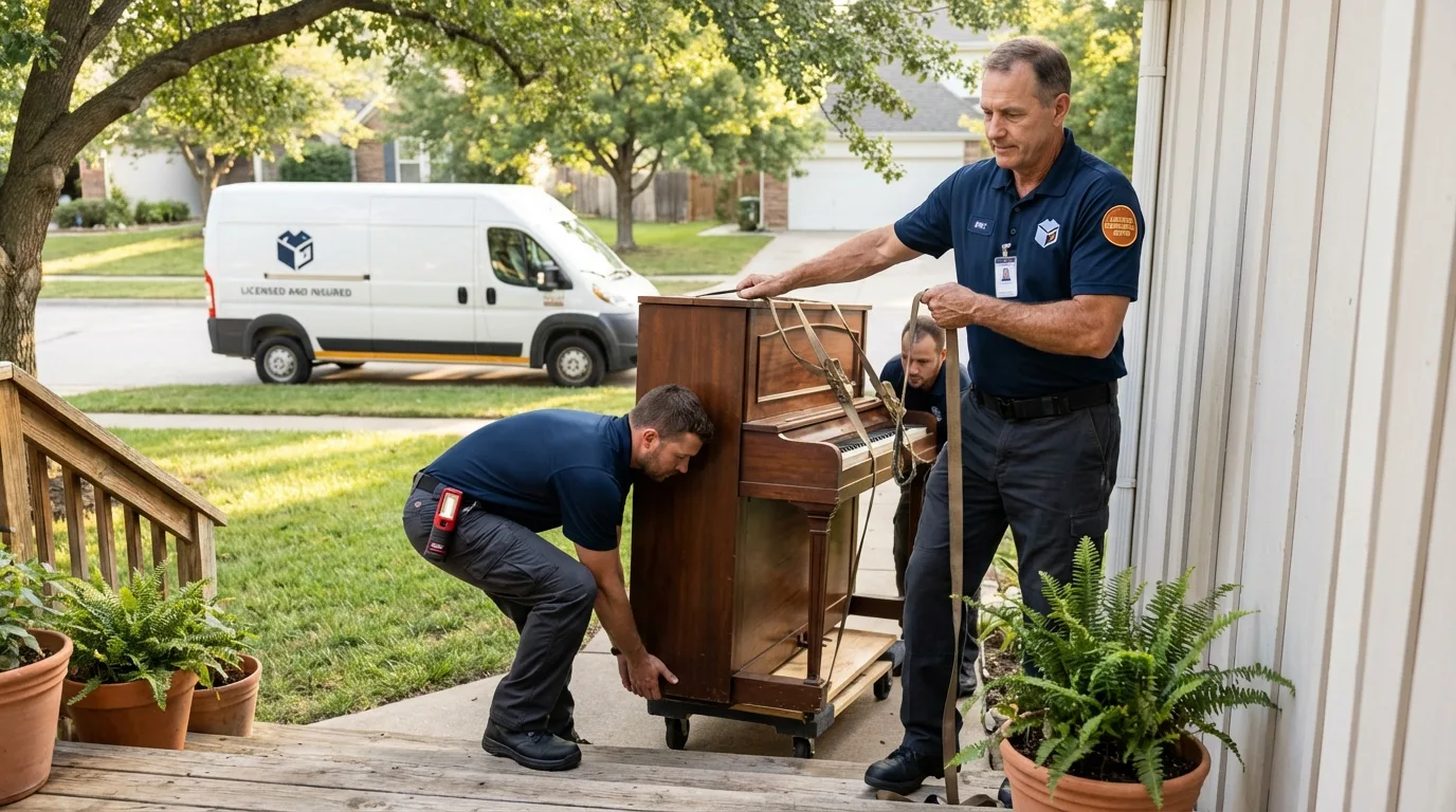 Licensed piano movers securing grand piano in Zelienople, PA