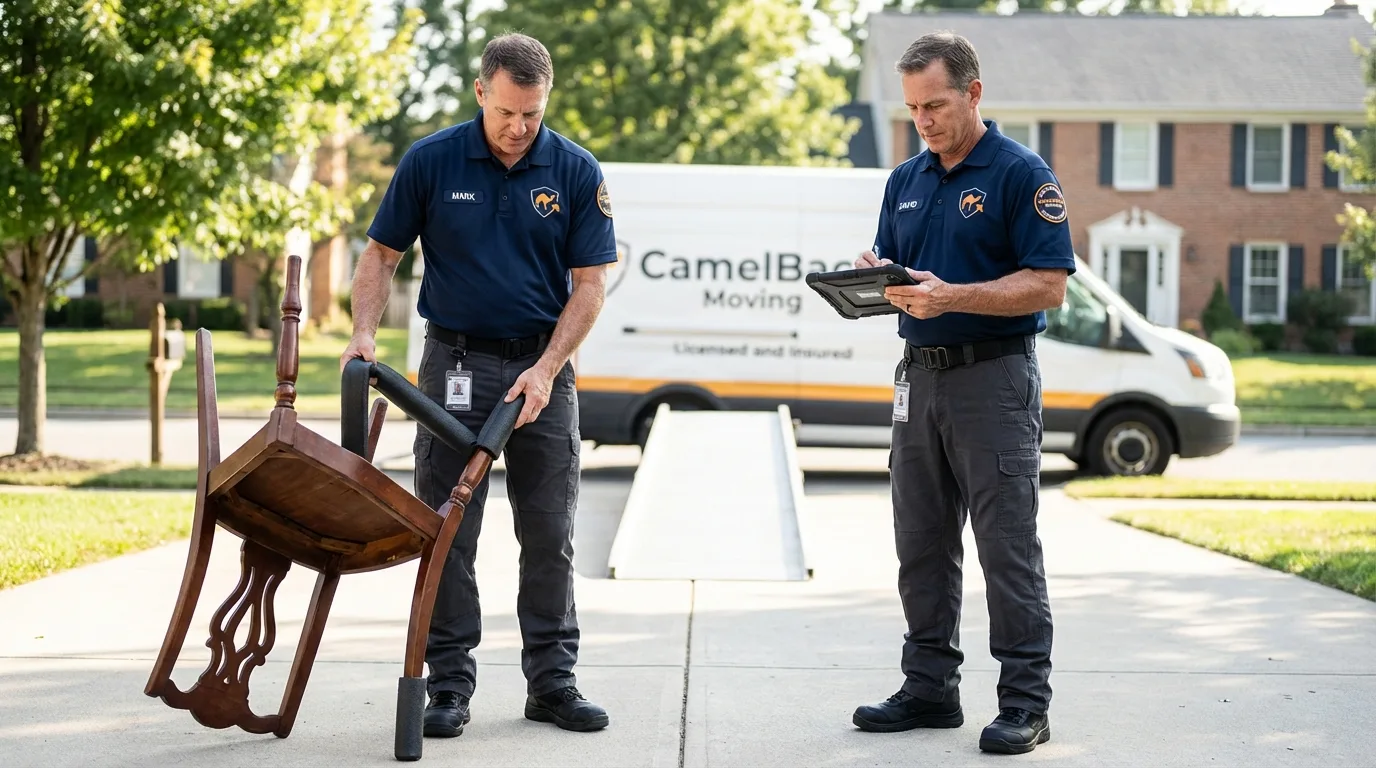 Movers inspecting furniture for damage prevention before loading in Zelienople, PA