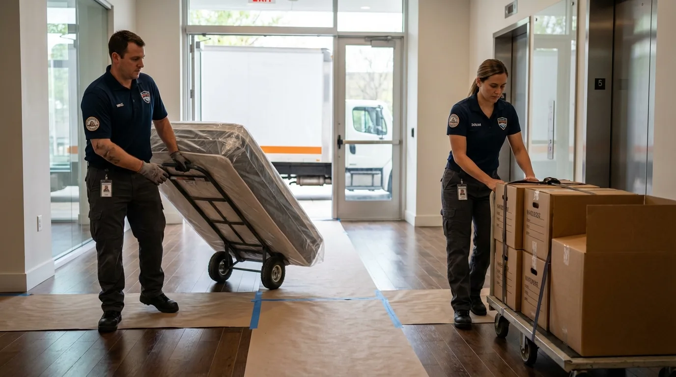 Professional apartment movers loading elevator in Zelienople, PA