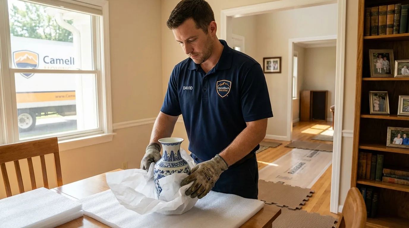 Professional crew carefully wrapping antique vase for senior downsizing move in Zelienople, PA
